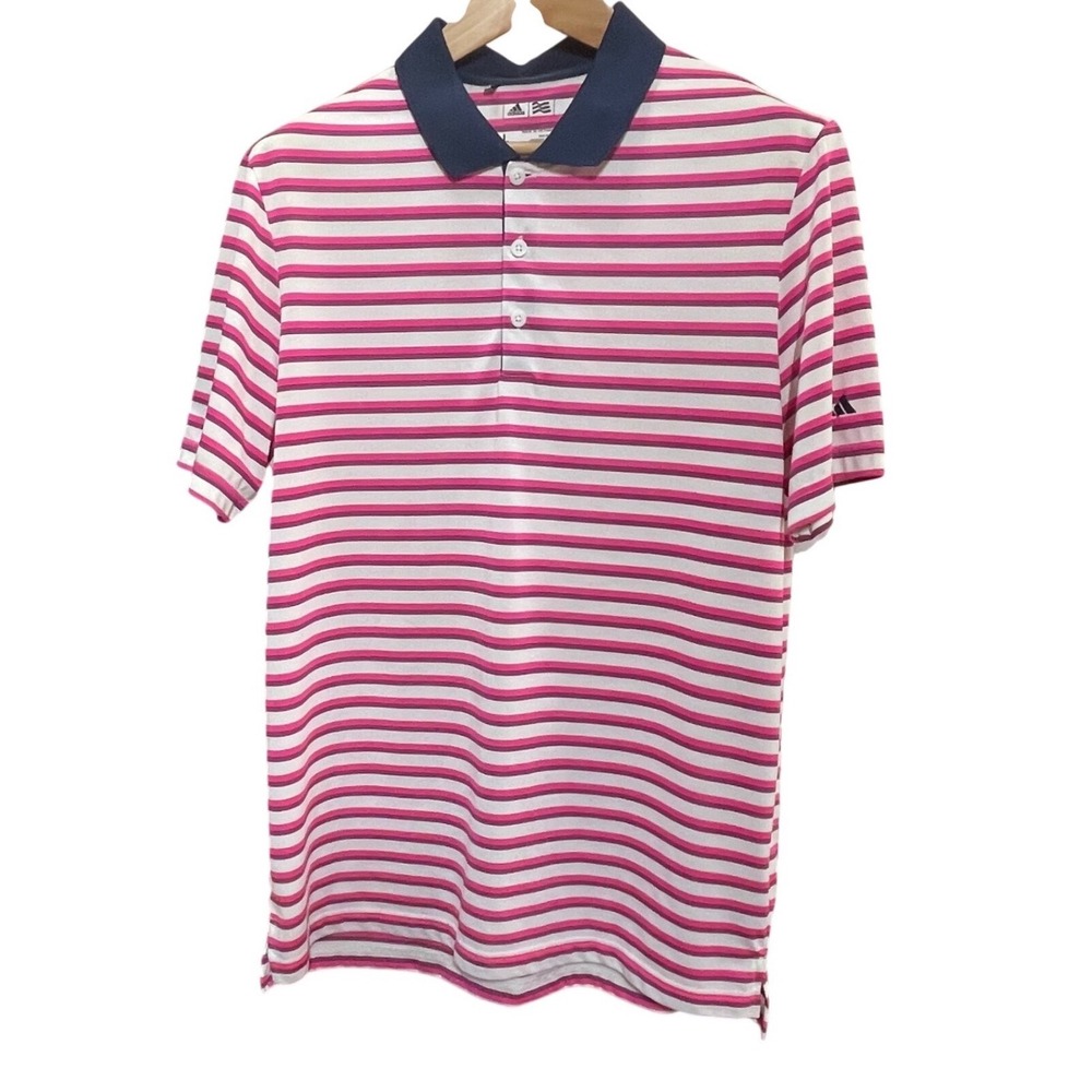 Adidas Golf Mens Large Pink White Striped Short Sleeve Polo Shirt‎ Performance